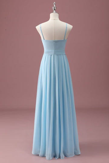 Bleu ciel Une ligne spaghetti bretelles volants Robe de demoiselle d’honneur junior